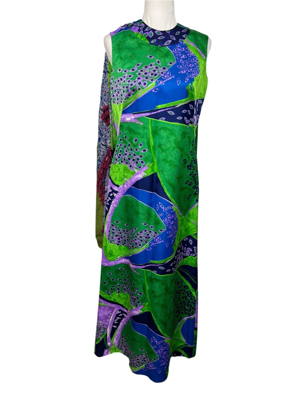 Vintage 1960-70's Maxi Cocktail Dress Abstract Vibrant Attached Matching Cape  6